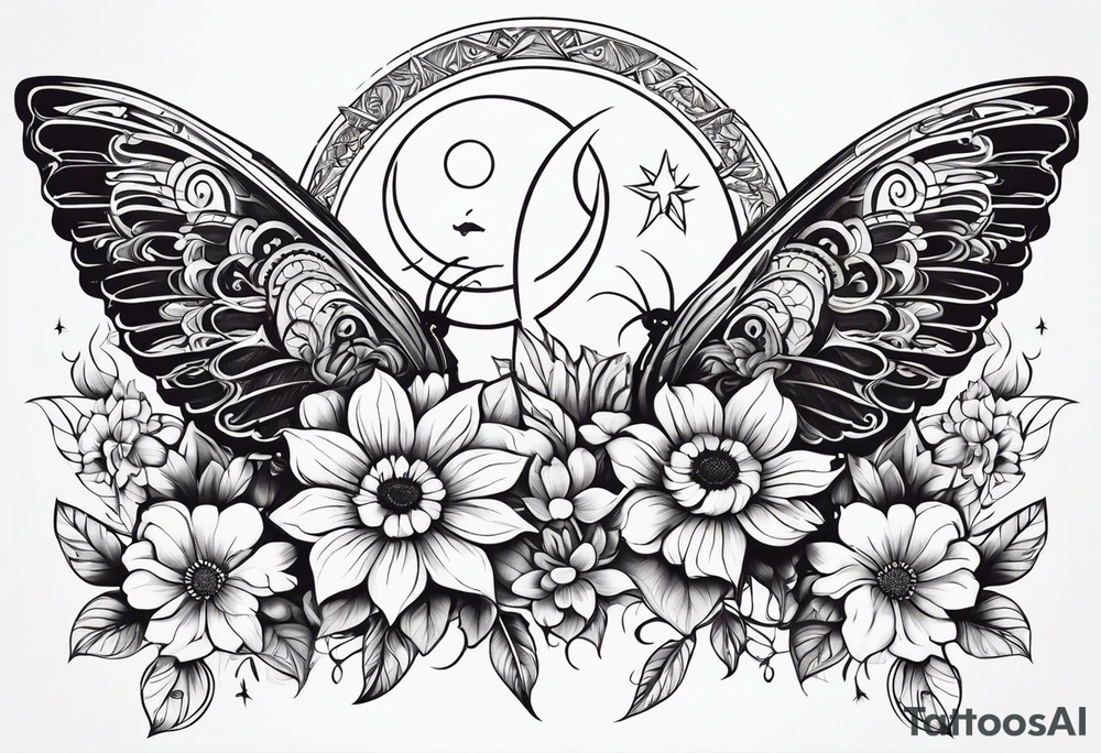 Design a tattoo that symbolizes power, peace and love with the sun and moon and with flowers and butterflies but also shows masculinity tattoo idea
