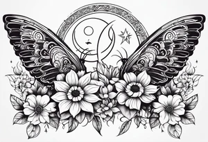Design a tattoo that symbolizes power, peace and love with the sun and moon and with flowers and butterflies but also shows masculinity tattoo idea
