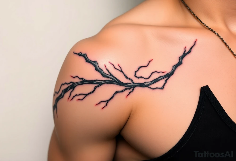 I want a tattoo inspired by the character Izuku midorya from my hero academia. I want his black whip and lighting across my bicep, shoulder and leading slightly to my traps. I want it to be sharp. Not lacking or cringy. Sharp. I don’t want the character or the characters arm. I want the black whip and lighting. tattoo idea