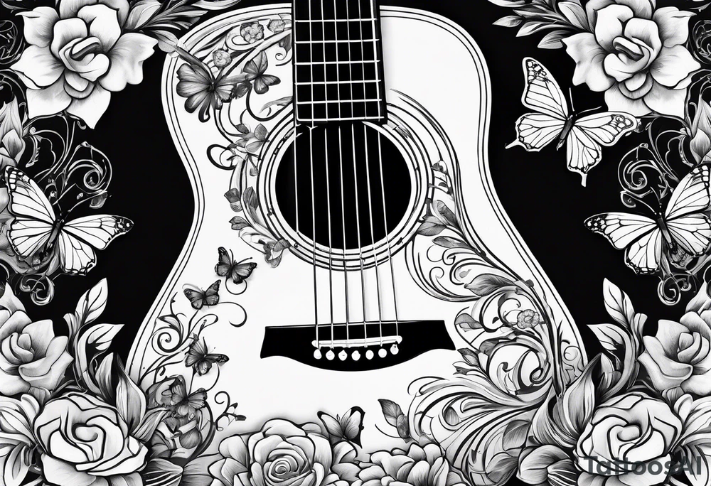 electric acoustic Guitar with flowers growing off the side, butterflies tattoo idea