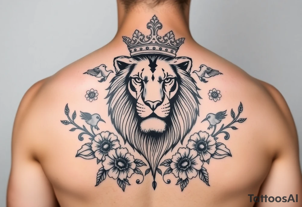 powerful majestic lion with a crown, surrounded by floral ornaments and birds tattoo idea