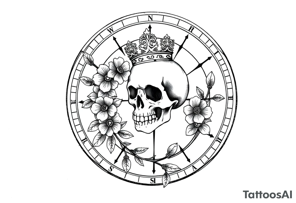 Compass with detailed beautiful gothic boho flowers on vine and skull with gorgeous crown tattoo idea