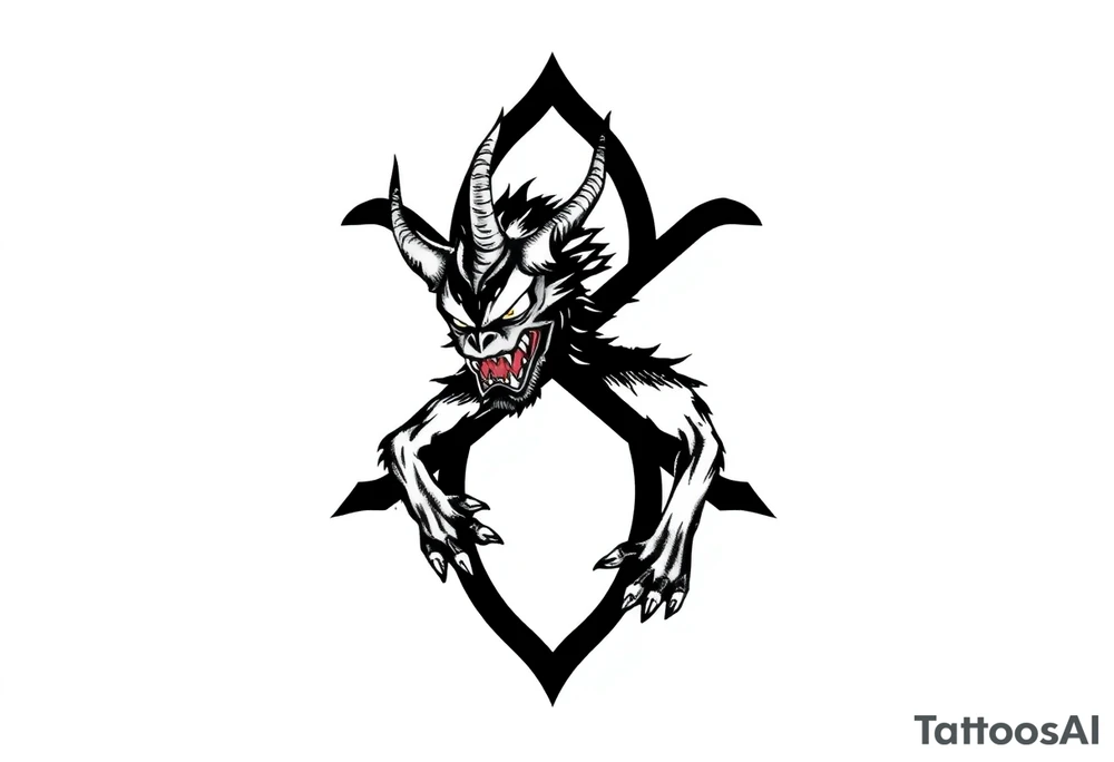 Abstract asterisk with a Japanese folklore demon from old times tattoo idea