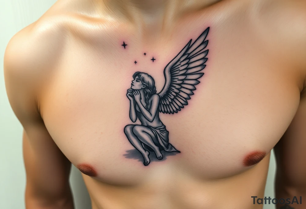 Dante Mikha'el fallen angel on her knees looking sky while her wings are falling tattoo idea