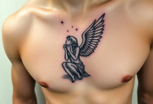 Dante Mikha'el fallen angel on her knees looking sky while her wings are falling tattoo idea