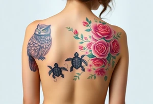 Full back owl on left shoulder flowers on right 3 turtles down spine use multiple rose and vine overlay to fill the empty areas tattoo idea