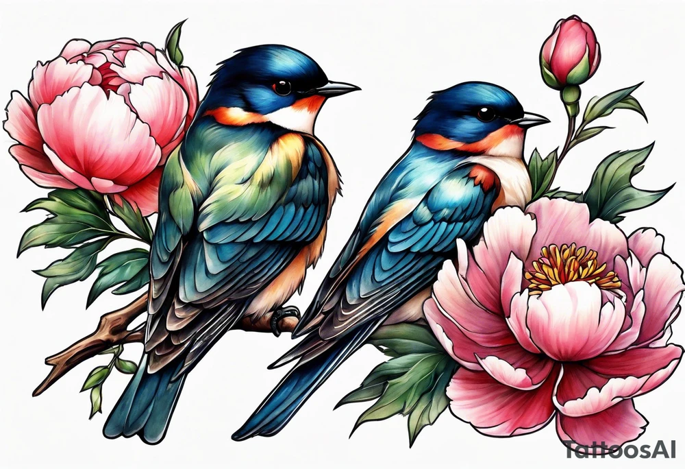Two swallows with peonies tattoo idea