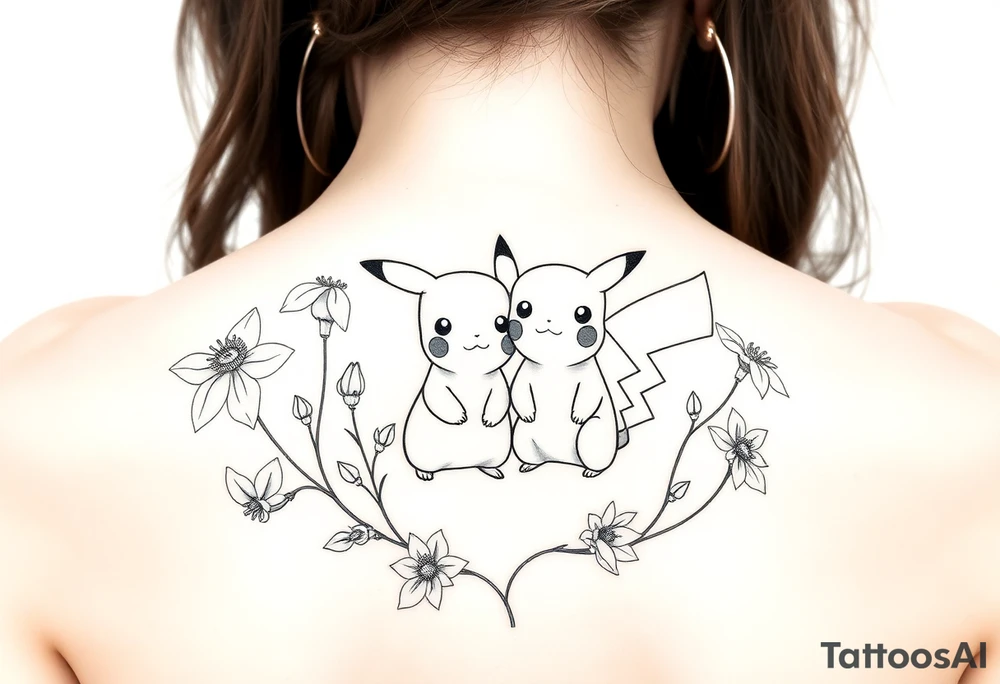 Thin outline of daffodil flowers, narcissist flowers, a cute Pikachu and Bulbasaur together tattoo idea