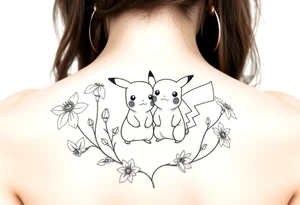 Thin outline of daffodil flowers, narcissist flowers, a cute Pikachu and Bulbasaur together tattoo idea