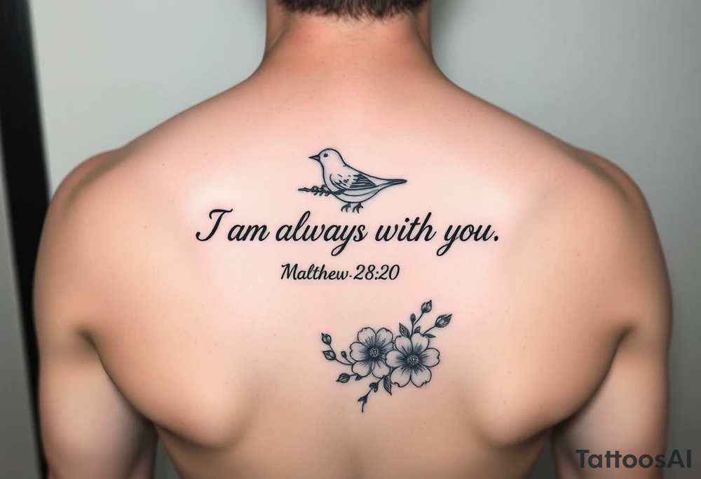 Bible verse “I am always with you Matthew 28:20” with a dainty bird on top with small flowers on the bottom tattoo idea