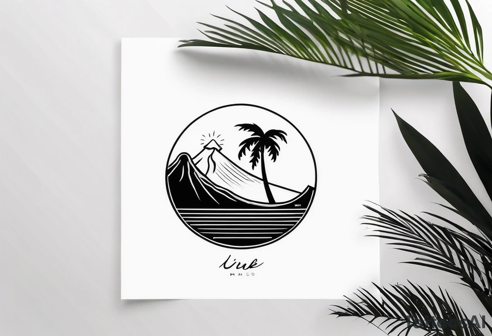 fineline tattoo of a palm tree and a wave with a volcano in the background tattoo idea