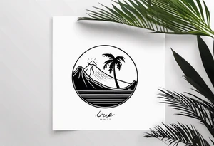fineline tattoo of a palm tree and a wave with a volcano in the background tattoo idea