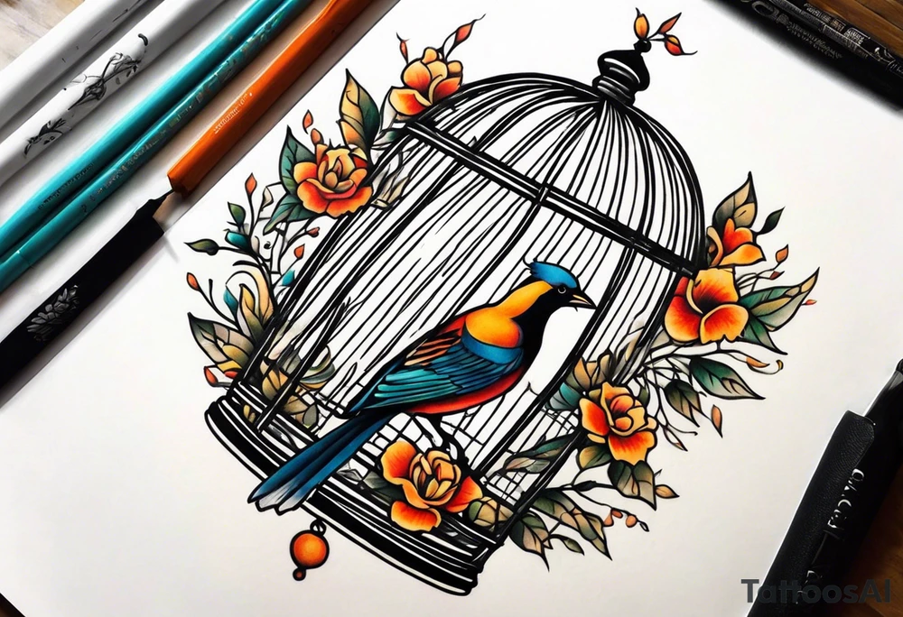 neo traditional decoration only on the left side, on the top of a long bird cage tattoo idea
