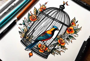 neo traditional decoration only on the left side, on the top of a long bird cage tattoo idea