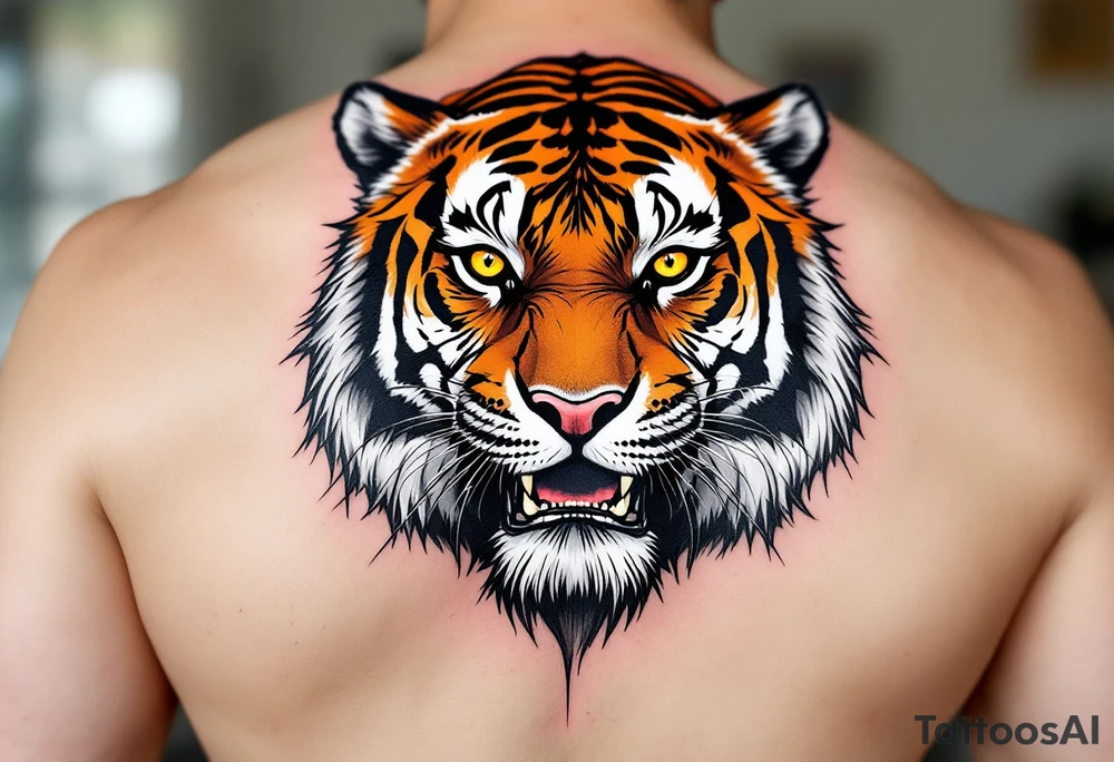 A tiger with piercing yellow eyes, fur detailed in deep orange, white, and jet black stripes include shadows as well tattoo idea