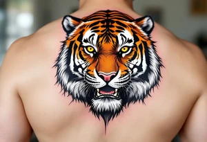 A tiger with piercing yellow eyes, fur detailed in deep orange, white, and jet black stripes include shadows as well tattoo idea