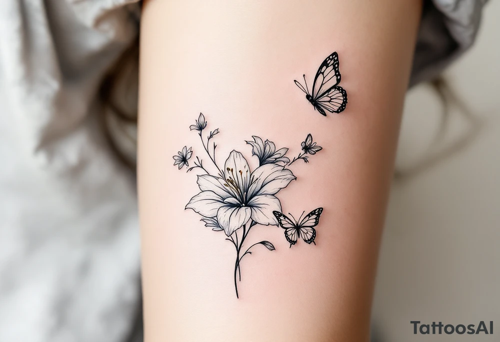 A delicate and highly detailed tattoo design featuring elegant flowers and two butterflies, symbolizing family, love, and the bond between a mother and her children. The flowers, such as lilies or peonies, represent protection, beauty, and unconditional love. Two butterflies gracefully flying around the flowers symbolize the children, Zackary and Charlie, representing their growth and freedom. Their names should be subtly integrated into the design, either along the stems of the flowers, within the butterfly wings, or in an elegant script flowing naturally with the composition. The tattoo should have a soft, flowing aesthetic with fine details, subtle shading, and a harmonious balance between nature and symbolism. The style can be fine line, realistic, or watercolor for a timeless and meaningful look. tattoo idea