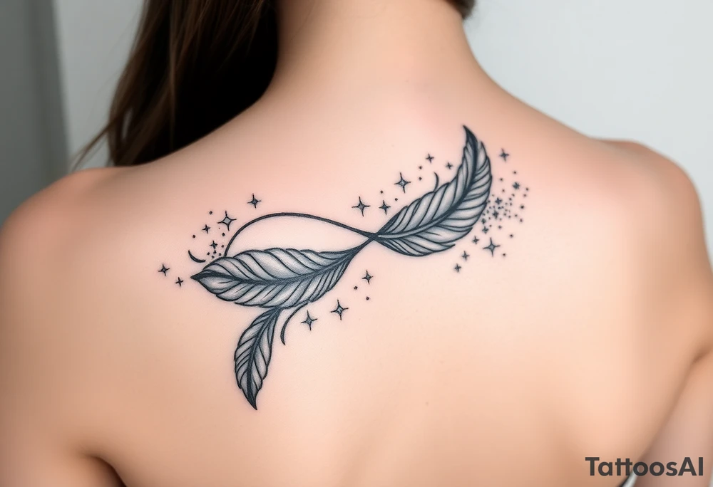 infinity symbol woven with floating feathers and stardust tattoo idea