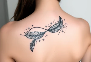 infinity symbol woven with floating feathers and stardust tattoo idea