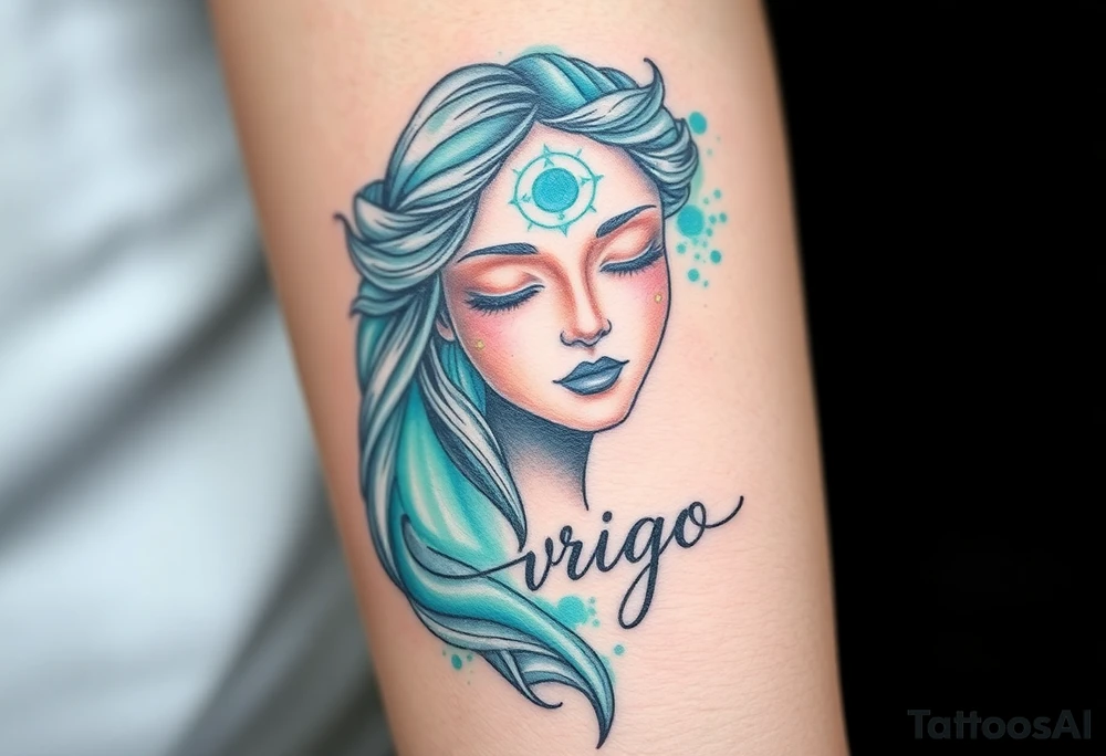 A serene goddess with closed eyes and a third eye glowing on her forehead, wrapped in a cosmic veil of turquise and mint dust with the word virgo tattoo idea