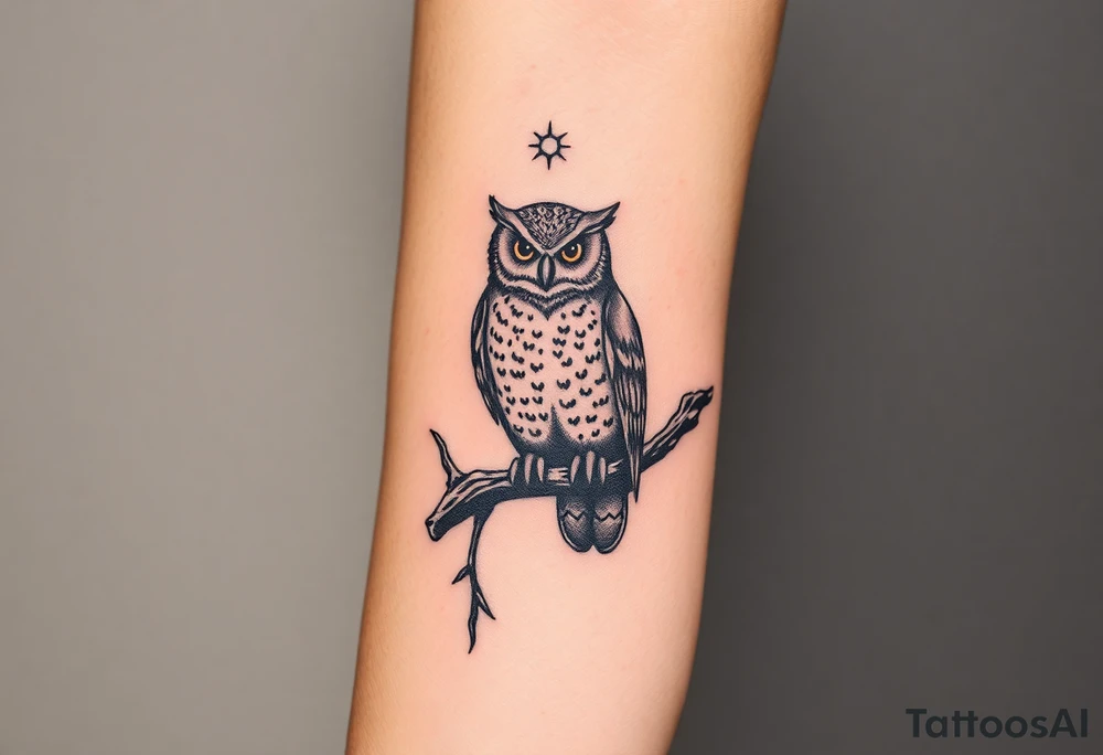 wise owl perched on ancient oak branch under starlit sky tattoo idea