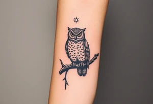 wise owl perched on ancient oak branch under starlit sky tattoo idea
