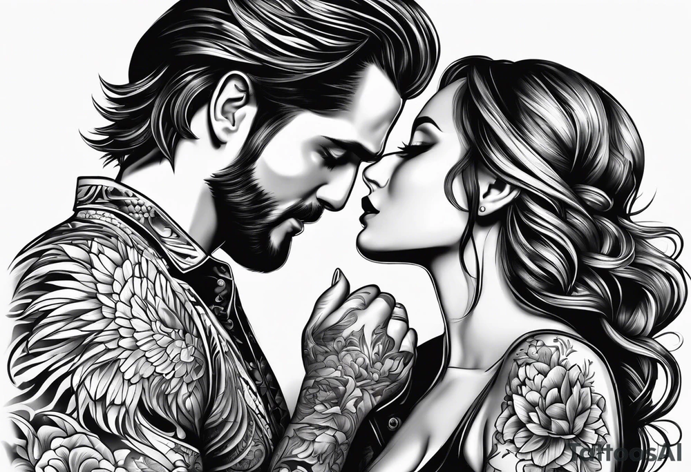 man and woman looking at each other with love tattoo idea