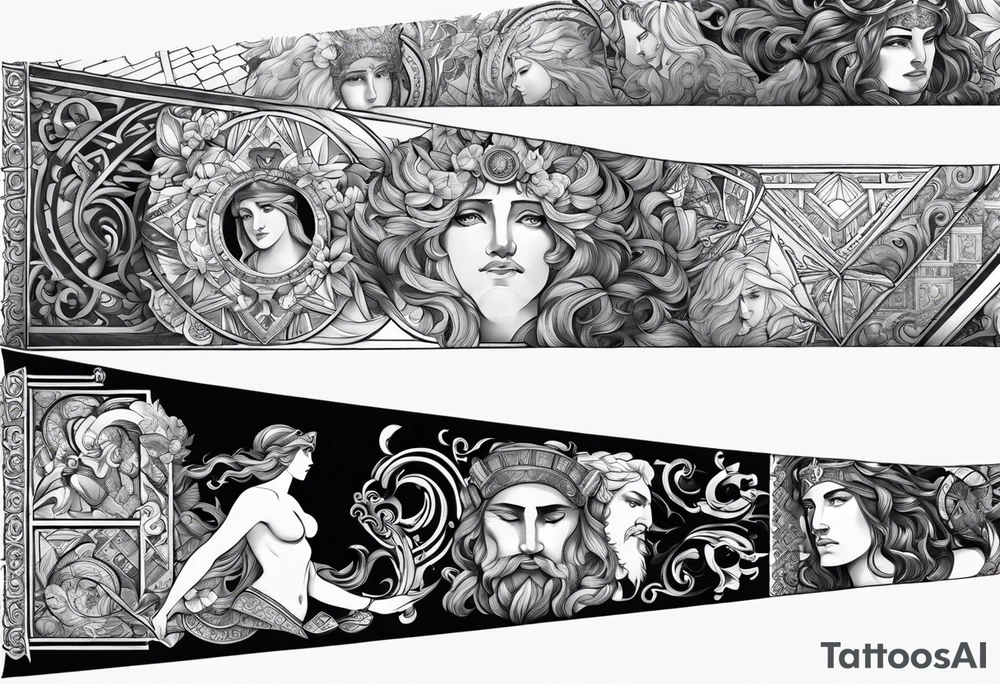 Patchwork arm sleeves of greek gods tattoo idea