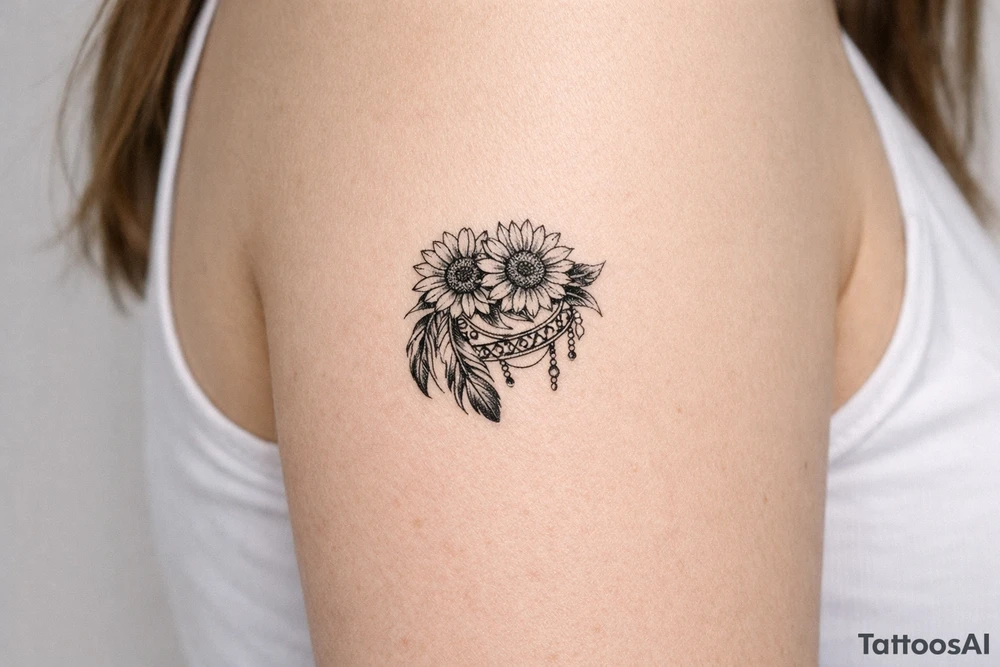 sunflowers with feathers and female Indian tribal ribbon tattoo idea