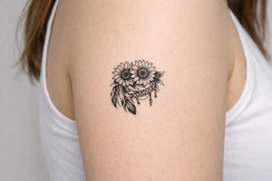 sunflowers with feathers and female Indian tribal ribbon tattoo idea