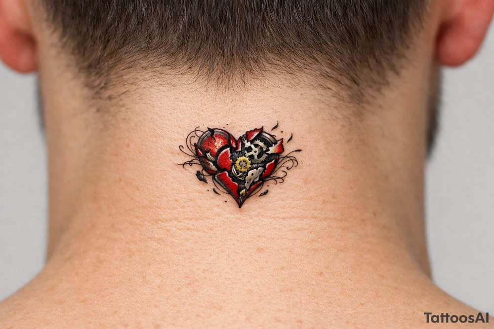 Surreal heart with clockwork gears breaking apart, script entwined. tattoo idea