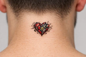 Surreal heart with clockwork gears breaking apart, script entwined. tattoo idea