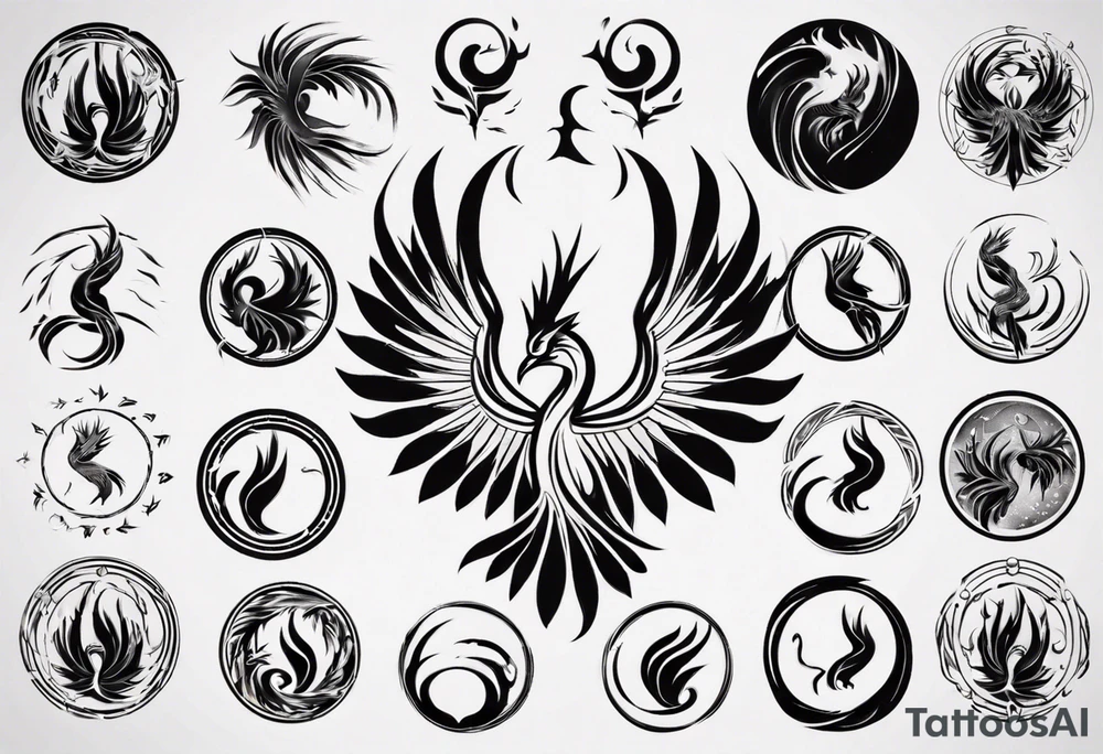 Phoenix rising blending in circles tattoo idea