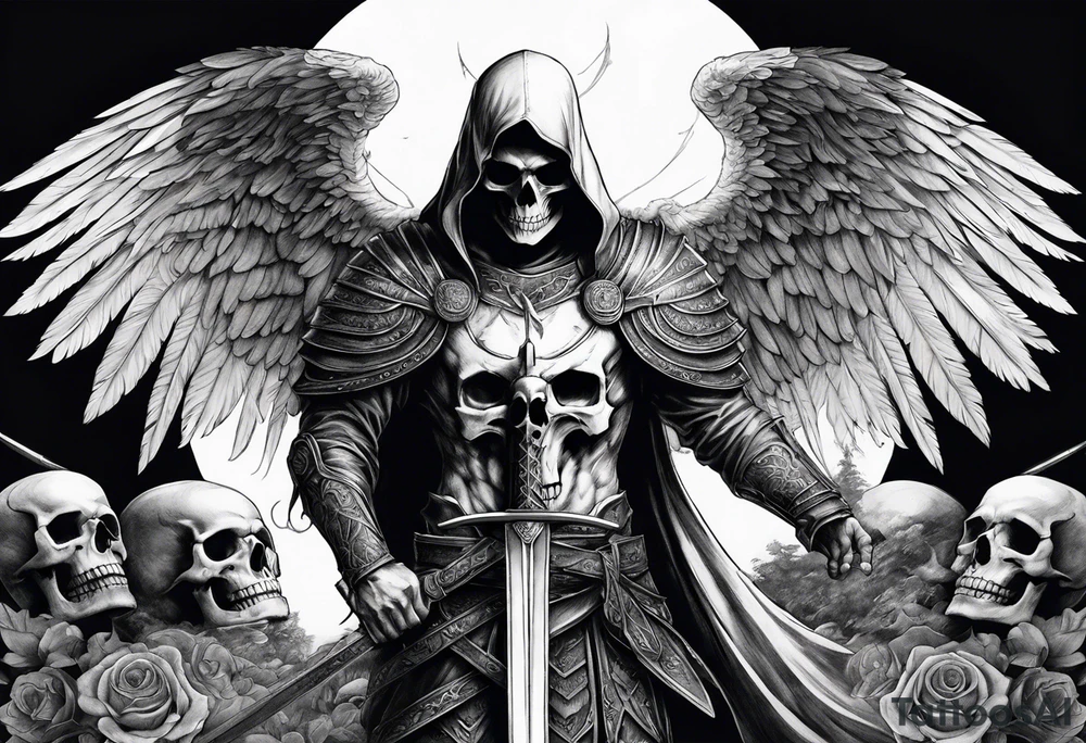 realistic angel of death, man, full body, no face visible, holding one sword in both hands, sword pointing downwards, skulls lying on the ground tattoo idea