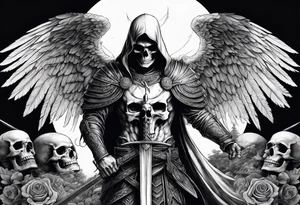 realistic angel of death, man, full body, no face visible, holding one sword in both hands, sword pointing downwards, skulls lying on the ground tattoo idea