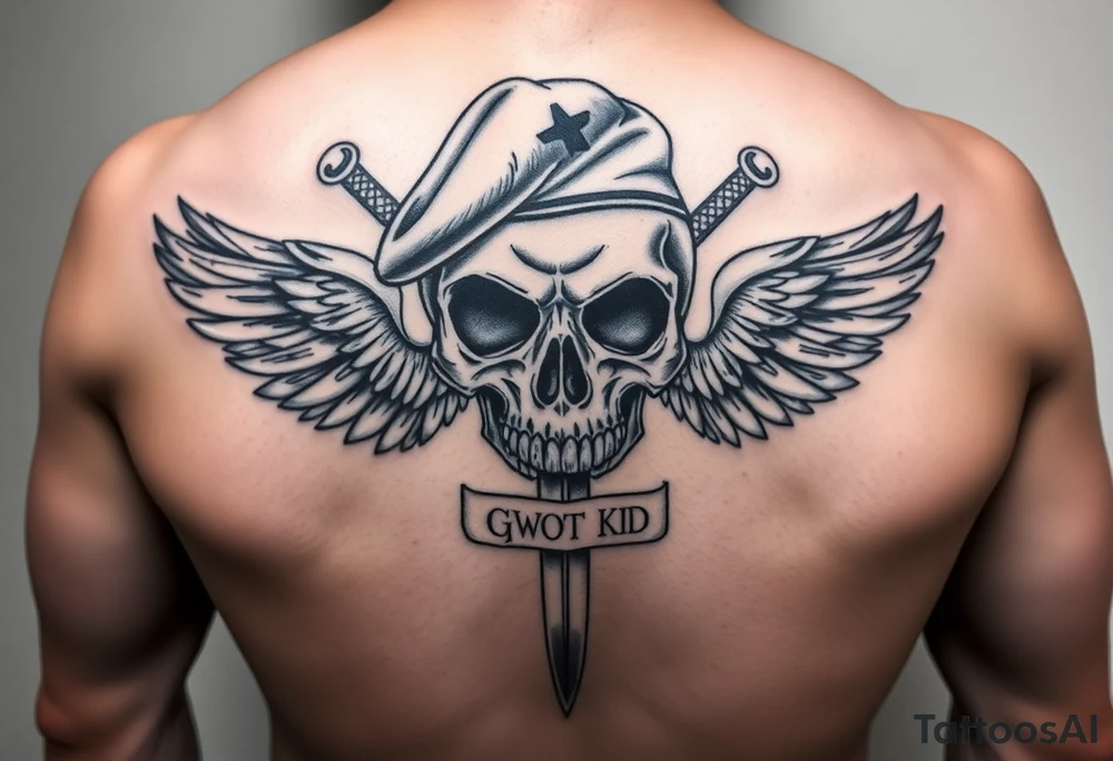 Create me military tattoo with skull, sword, beret on skull and word that say GWOT kid with wings tattoo idea