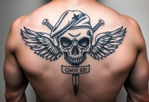Create me military tattoo with skull, sword, beret on skull and word that say GWOT kid with wings tattoo idea