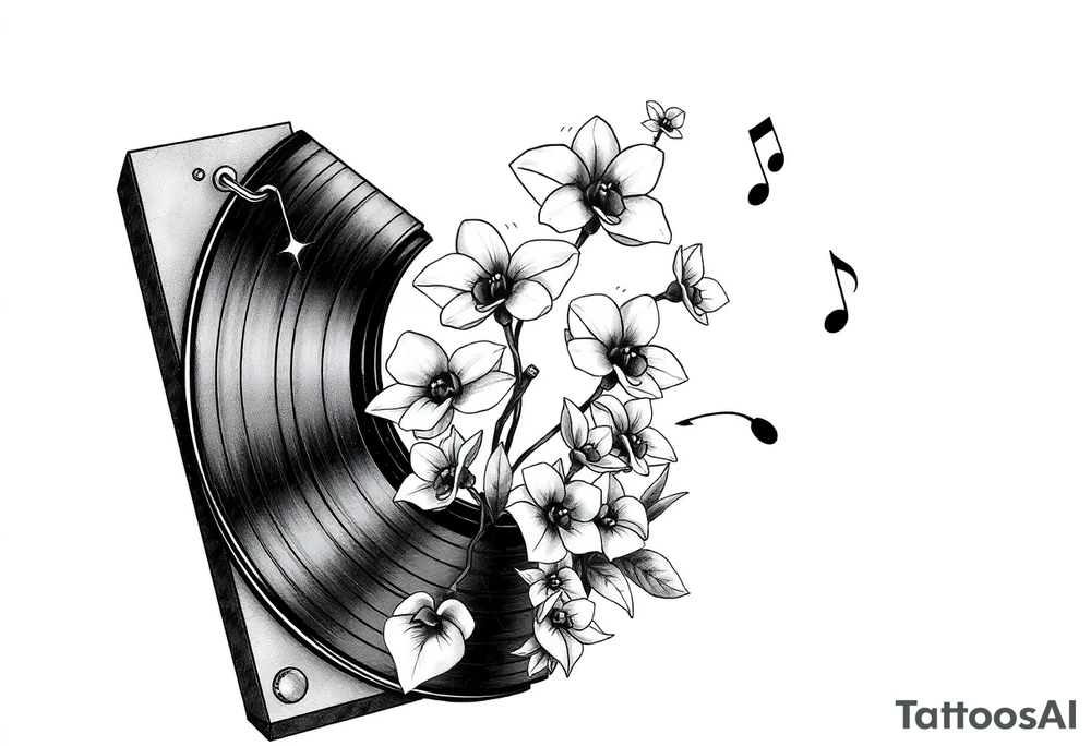 vinyl record player with mushrooms, orchids, and music notes around it tattoo idea