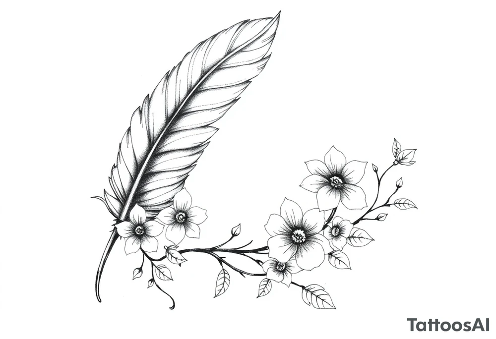 Feather with flowing vine and flower tattoo idea