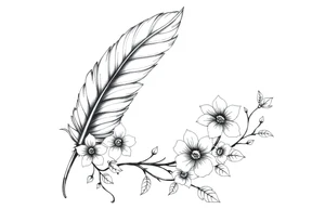Feather with flowing vine and flower tattoo idea