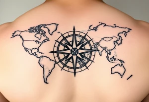 antique compass rose overlaid on weathered world map with sailing ships tattoo idea