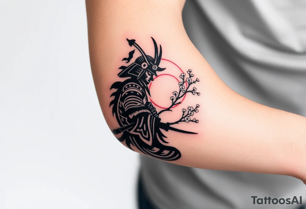 noble samurai warrior silhouette at sunset with cherry blossoms tattoo idea