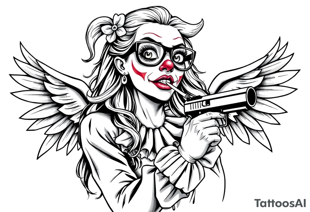 beautiful long hair Clown Girl thug eyeglasses angel wings smoking a cigarette holding a gun tattoo idea