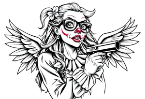 beautiful long hair Clown Girl thug eyeglasses angel wings smoking a cigarette holding a gun tattoo idea
