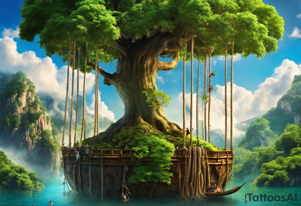 utopia picture of a tree at one level where above the surface is a group of people living in prosperity surrounding a tree. Below the surface the roots of the tree go down and turn into ropes and people are climbing these ropes to try and reach the above the surface. below the people climbing the ropes is hell, wih depicting of war slavery and death. going back to the top, above the tree is a perfection or heaven / nirvana. . include alchemical and occult symbols to depict this journey to enlightenment like religious or astrolligcal symblol. make it a full body tattoo stencil where the top of the tree would be at the chest and the ropes at the legs. tattoo idea