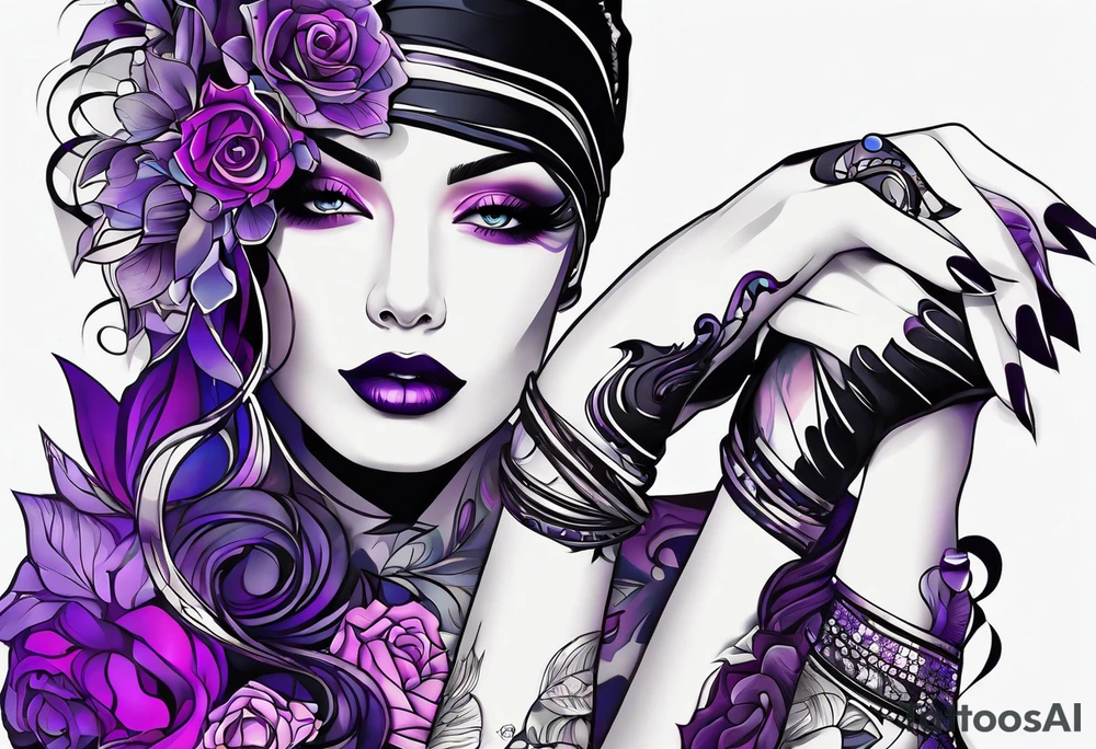 lines around wrist, abstract, black and purple, covered from wrist to forearm, fully covered, no borders, blackwork, no faces tattoo idea