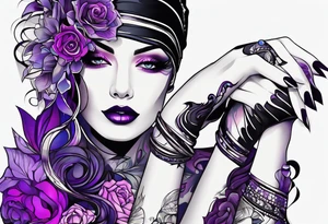 lines around wrist, abstract, black and purple, covered from wrist to forearm, fully covered, no borders, blackwork, no faces tattoo idea