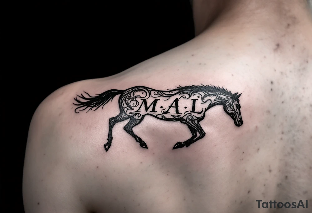horse silhouette 
from the front which gallops from the front, with the 3 small letters discreetly integrated: M, A, L tattoo idea
