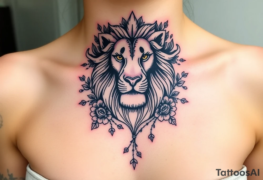 powerful majestic lion with a crown, surrounded by floral ornaments and birds tattoo idea