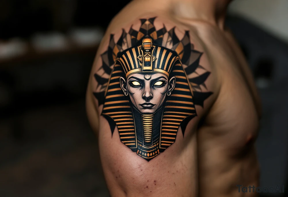 A powerful Sphinx head in solid black and bronze, with an intense gaze and massive headdress, inked across the upper arm as a symbol of strength and wisdom. tattoo idea